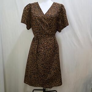 Madewell Flutter Puff Sleeve Wrap Mini Dress Painted Leopard Brown Black X-Large